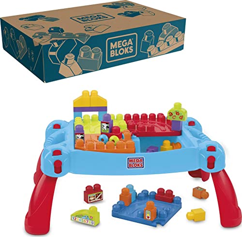 MEGA BLOKS Fisher-Price Toddler Building Blocks, Build n Learn Activity Table with 30 Pieces, Toy Car and Storage, Blue, Portable Toy Ideas for Kids (Amazon Exclusive)