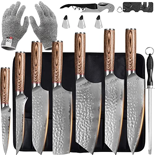 FULLHI Knife Set 13pcs Japanese Knife Set, Multiple Colour Premium German Stainless Steel Kitchen Knife Set with Knife roll package (coffee wood handle)