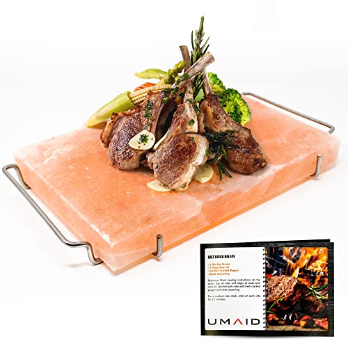 UMAID Himalayan Salt Block For Grilling, Cooking, Cutting and Serving,12X8X1.5 Food Grade Himalayan Pink Salt Stone on Stainless Steel Plate & Recipe Pamphlet, Unique Gifts for Men, Women, Chef, Cooks
