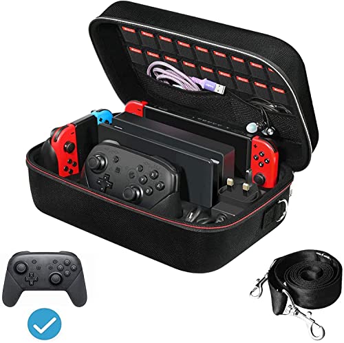 Carrying Case for Nintendo Switch & N-Switch OLED, Hard Shell Large Capacity Storage Bag for Nintendo Switch OLED Game Controller, Dock, Switch Console, 18 Games Slots, Pro Controller & Accessories