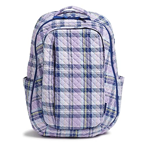 Vera Bradley Women's Cotton Large Travel Backpack Travel Bag, Amethyst Plaid - Recycled Cotton, One Size