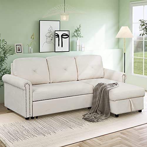 ERYE 83' L-Shaped Corner Sectional Sofa with Pull-Out Sleeper Couch Bed & Reversible Storage Chaise,L Shaped 3-seaters Sofa & Couch W/Nail Head Decor on Armrests for Home Office Apartment Living Room