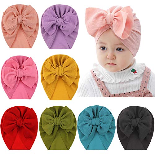 inSowni 8 Pack Solid Large Turban Hat Cap Beanie Bonnet with Big Hair Bow Hospital Baby Hats Knot Headwraps Turbans for Newborn Baby Girls Toddlers Infants Kids