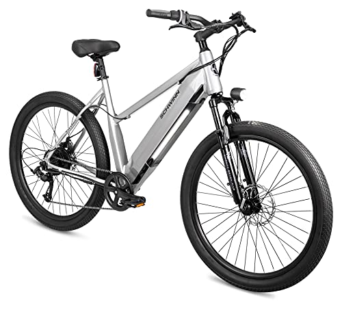 Schwinn Marshall Electric Hybrid Bike for Adults, Small/Medium Step-Thru Aluminum Frame, 250W Motor, 7 Speed, 27.5-Inch Wheels, Gloss Grey