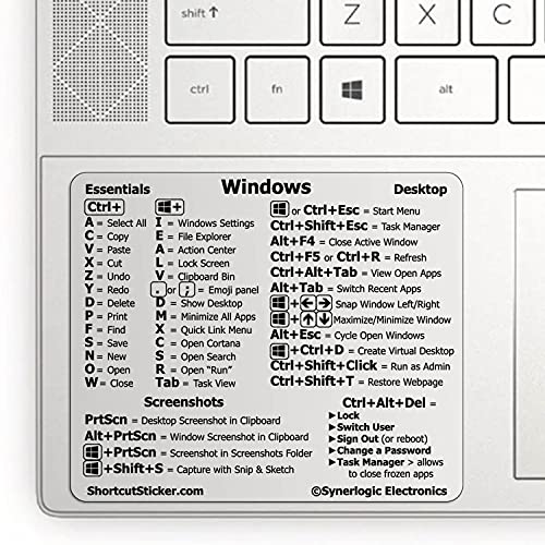 SYNERLOGIC Windows PC Reference Keyboard Shortcut Sticker | Vinyl, No-Residue Adhesive Windows Shortcut Sticker for Any PC Laptop or Desktop | Windows Shortcuts Cheat Sheet (Clear/Small, 1pc)