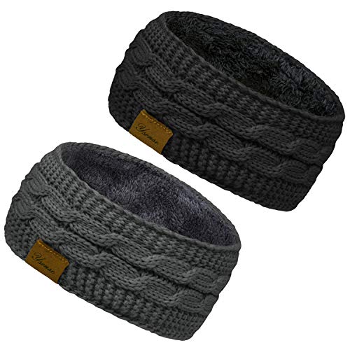 YSense 2 Pack Ear Warmer Headband Women Winter Cable Knit Headband Twist Fuzzy Fleece Lined Gifts, Black & Grey
