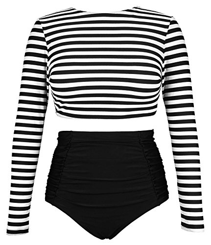 COCOSHIP Black & White Striped Women's Multi-Purpose Long Sleeve Swim Shirt Rash Guard Top Tankinis High Waist Bathing Swimsuit 4