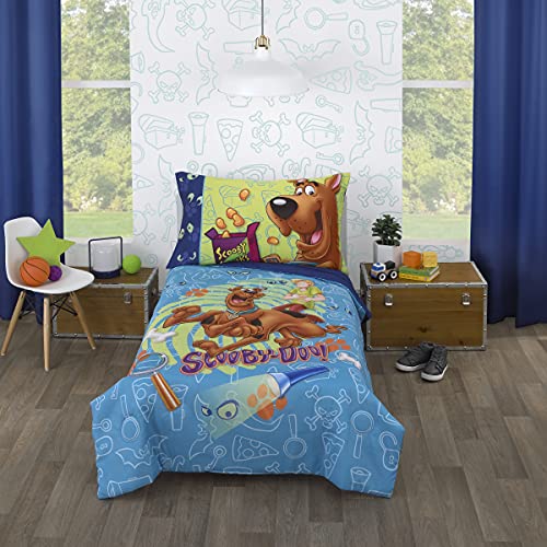 Everything Kids Scooby Doo - Scooby Dooby Doo Blue, Green, Brown & Orange 4Piece Toddler Bed Set - Comforter, Fitted Bottom Sheet, Flat Top Sheet, & Reversible Pillowcase, Blue, Green, Brown, Orange