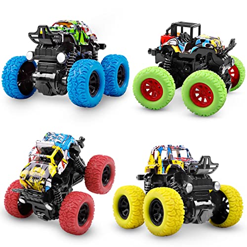 M SANMERSEN Monster Trucks for Boys, 4 Pack Push and Go Friction Powered Cars Vehicles Toys, 360° Rotating Stunt Car Boys Girls Birthday Christmas Party Gifts