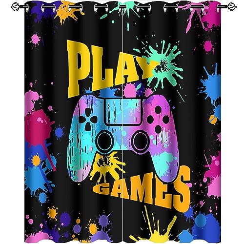 Watercolor Retro Gamepad Curtains Colorful Abstract Video Game Controller Paint Style Thermal Insulated Darkening Noise Reduction for Living Room Grommet Window Treatment 2 Panels 45' L x 21' W
