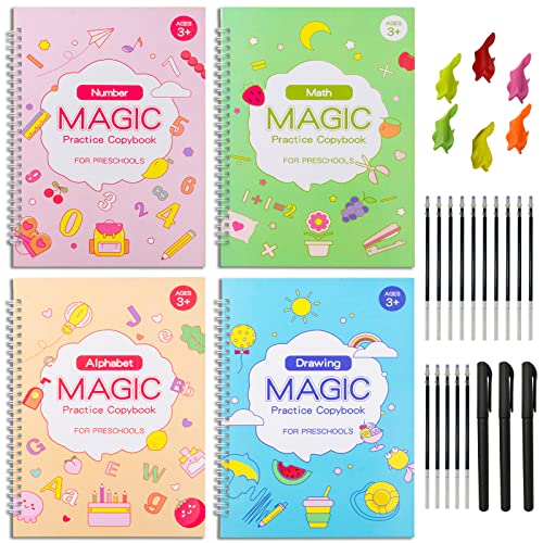 PHUSBLAY Magic Practice Copybook - Reusable Writing Practice Book for Kids 3-8 - Preschool Learning Supplies, Improve Handwriting Skills 12.13 x 8.43 in (4 Books with Pens)