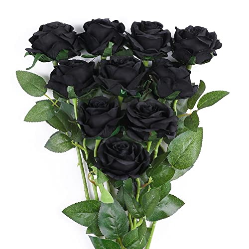 JUSTOYOU Black Flower Artificial Roses Flowers, Realistic Blossom Roses Real Touch Silk Rose Single Fake Flower Long Stem Bouquets for Home Decor Wedding Party Ceremony Funeral (10Pcs, Black)