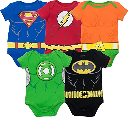 DC Comics Justice League Batman Superman Flash Green Lantern Aquaman Newborn Baby Boys 5 Pack Costume Bodysuits 0-3 Months