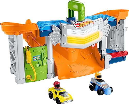 Fisher-Price Little People Hot Wheels Toddler Toy Race and Go Track Set with Lights Sounds & 2 Cars for Pretend Play Kids Ages 18+ Months​