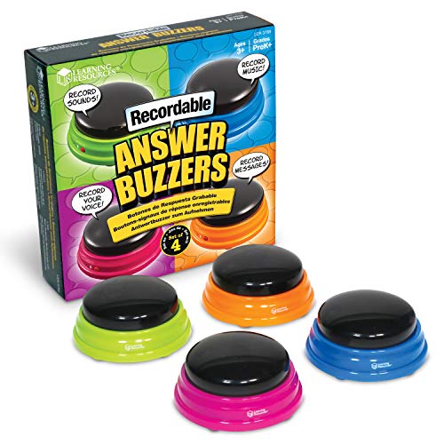 Learning Resources Recordable Answer Buzzers - Set of 4, Ages 3+ | Pre-K Personalized Sound Buzzers, Recordable Buttons, Game Show Buzzers, Perfect for Family Game and Trivia Nights,Stocking Stuffers