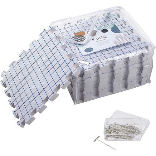KnitIQ Blocking Mats for Knitting & Crochet Projects – Extra Thick Blocking Boards for Crochet Projects with Gridlines, 100 T-pins and Storage Bag for Knitting Supplies - Standard Mat Set - Pack of 9