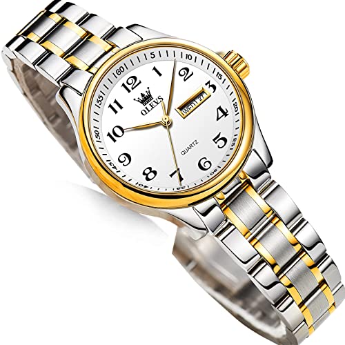 Small Dial Silver And Gold Watches For Women,Fashion Ladies Day And Date Watch,Stainless Steel Lady Wristwatch Large Number,OLEVS Waterproof Woman Watches Two Tone Dress Female Watch relojes de mujer
