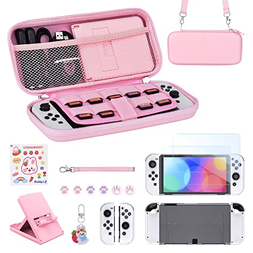 Younik Switch OLED Accessories Bundle, 15 in 1 Pink Switch Oled Accessories Kit for Girls Include Switch Carrying Case, Adjustable Stand, Protective Case for Switch Console & J-Con