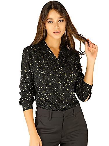 Allegra K Women's Stars Metallic Blouse V Neck Long Sleeve Gilding Sparkly Shiny Dots Top Medium Black