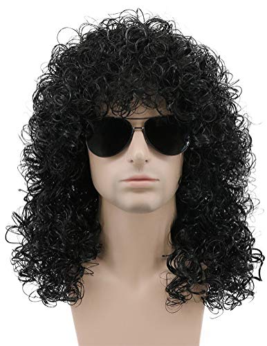karlery 70s 80s Rocker Mullet Afro Wig Mens Long Curly Black Wig Halloween Party Costume Wig