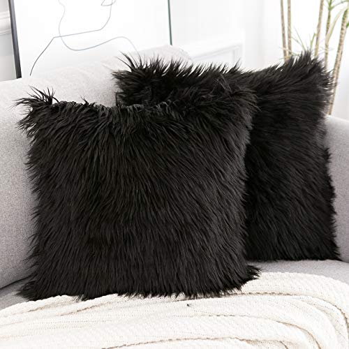 WLNUI Set of 2 Black Decorative Pillow Covers New Luxury Series Merino Style Faux Fur Fluffy Throw Pillow Covers Square Fuzzy Cushion Case 18x18 Inch