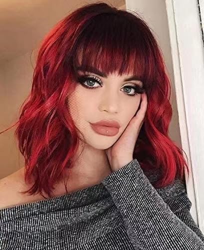 AngelRise Short Wavy Red Wig with Bangs for Women Synthetic Curly Bob Wig Natural Looking Heat Resistant Fiber Wig for Daily Party