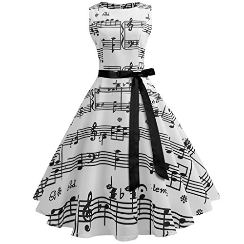 Wellwits Women's Boat Neck Sash Tie Music Note Print Midi Fall Swing Dress 2XL