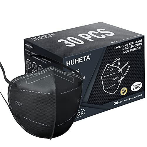 HUHETA KN95 Face Masks, Packs of 30 Individually Wrapped, 5-Ply Breathable and Comfortable Safety Mask, Filter Efficiency Over 95%, Protective Cup Dust Masks Against PM2.5 (Black Mask)