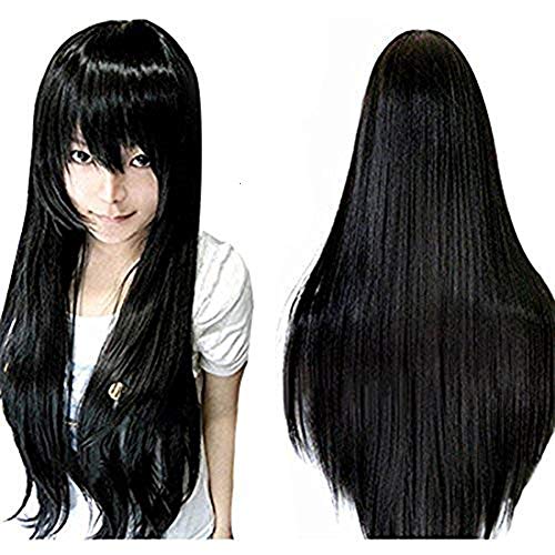 Anogol Hair Cap+32Inch/80cm Black Wig Long Straight Wig Cosplay Wig Synthetic Wig Long Black Wig with Bangs Peluca Negra Cosplay Wig for Halloween Wig With Bangs Anime Wig for Women Costume Party