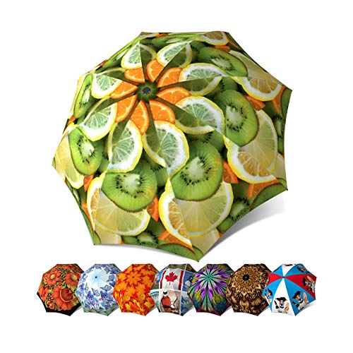 Funny Rain Umbrella Automatic - Designer Compact Portable Umbrella for Women - Vintage Umbrella with Fruits - Cute Design Vitamin C Umbrella Lemon Orange - Folding Luxury Umbrella