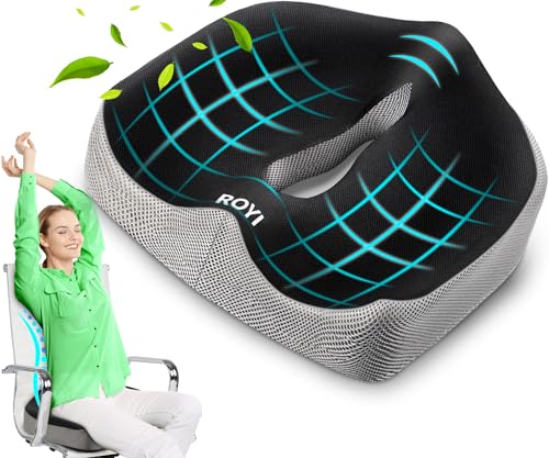 ROYI Memory Foam Seat/Chair Cushion for Relieves Back, Sciatica Pain, Tailbone Pain, Coccyx, Degenerating Disc, Orthopedic, Osteoarthritis, Sacrum, Prostate Cushion, Low Back Pain Cushion, Hip Shaping