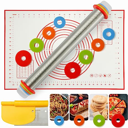 Rolling Pin Set, Large Silicone Pastry Mat + Rolling Pins with Adjustable Thickness Rings +Bench Dough Scraper Cutter, Stainless Steel Dough Roller Baking Supplies for Pizza Cookie Fondant Pie Pasta