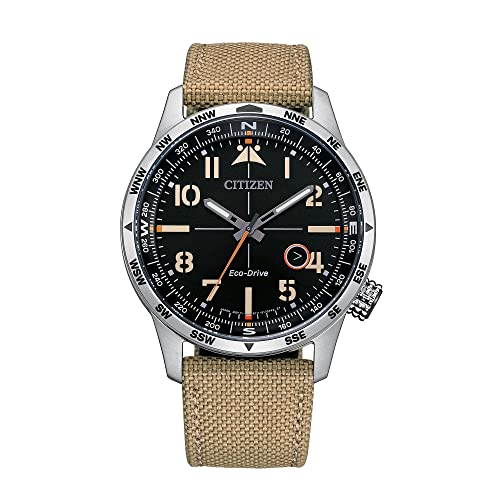 Citizen Men's Eco-Drive Weekender Avion Field Watch in Stainless Steel with Khaki Nylon Strap, Black Dial (Model: BM7550-01E)