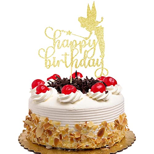 Fairy Happy Birthday Cake Topper Angel Princess Tinkerbell Cake Topper for Birthday Party Decoration Supplies, Gold Glitter