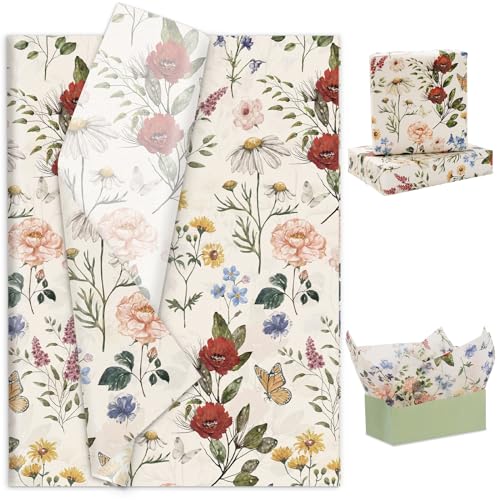 Generic AnyDesign 100 Sheets Floral Tissue Paper Vintage Wildflower Gift Wrapping Paper Butterfly Flower Printed DIY Art Craft Paper for Spring Wedding Bridal Shower Birthday, 19.7 x 13.8 Inch