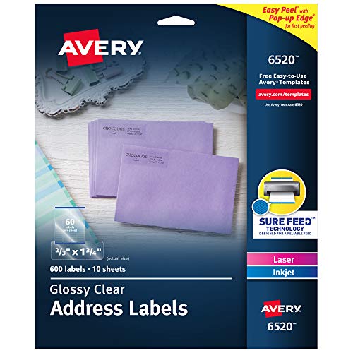Avery Glossy Crystal Clear Return Address Labels for Laser & Inkjet Printers, 2/3' x 1-3/4' 600 Labels (6520)