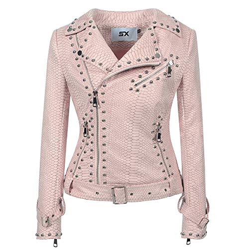 Fashion SX Womens Gothic Faux Suede Leather Jacket Long Sleeve Zipper Short Moto Biker Coat （Pink velvet-2XL）