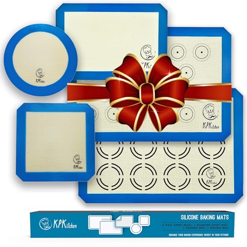 Silicone Baking Mat Set of 5-2 Half Sheets (Macaron & Cookie Circle On Mat) + 1 Quarter + 1 Round & 1 Square Size Silicone Baking Sheet - Nonstick & Easy to Clean - 100% Silicone Mats for Baking