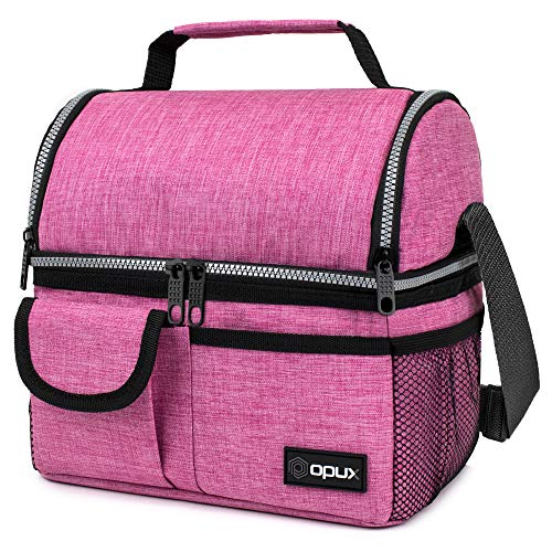OPUX Insulated Dual Compartment Lunch Bag, Lunch Box for Women, Soft Lunch Cooler Bag Leakproof Adult Work Office, Large Cute Tote Lunch Pail Kids Girls Teen School, Reusable Beach Travel Picnic, Pink