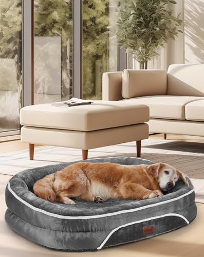 OhGeni Orthopedic Dog Bed for Large Dogs, Dog Couch Design with Egg Foam Support, Removable, Machine Washable Plush Cover and Non-Slip Bottom with Four Sided Bolster Cushion (Gray)