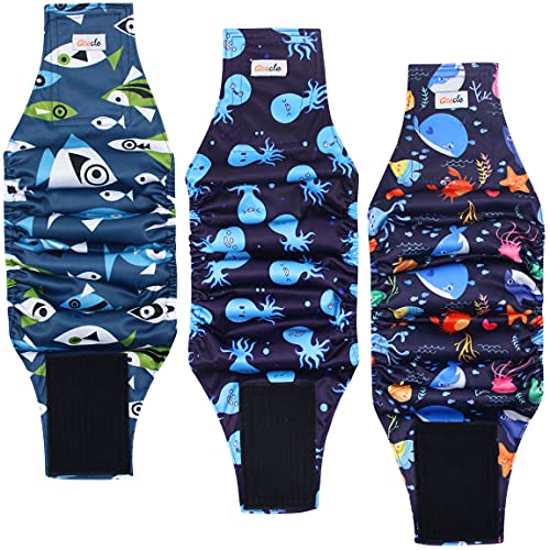 Grecle Premium Male Dog Wraps - High Absorbency Male Dog Diapers (Pack of 3) - Washable Belly Band for Male Dogs Incontinence and Puppy Training (Seafloor, S)