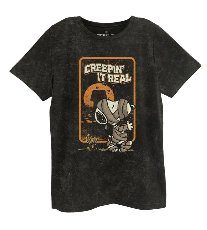 Ripple Junction Peanuts Women's Short Sleeve T-Shirt Snoopy Halloween Vintage Washed Boyfriend Loose Fit Mineral Black XL