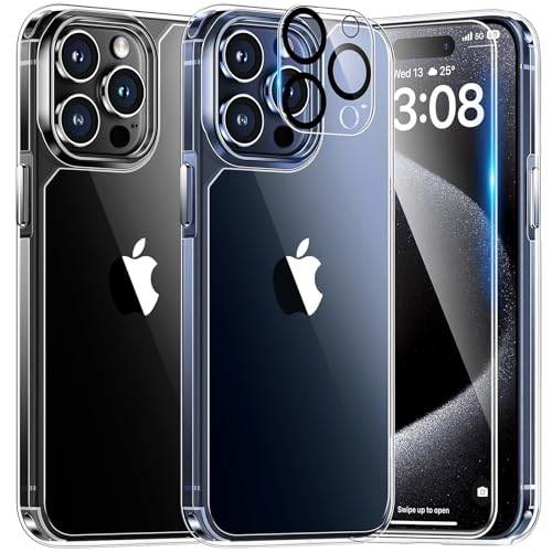 TAURI 5 in 1 for iPhone 15 Pro Case Clear, [Not-Yellowing] with 2X Screen Protector + 2X Camera Lens Protector, [15 FT Military Grade Protection] Slim Shockproof Case for iPhone 15 Pro 6.1 Inch