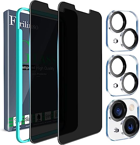 Ferilinso for iPhone 14 mini Privacy Screen Controllers 2 Pack Anti Spy Tempered Glass Privacy Screen with 2 Pack Camera Lens Protector Case Friendly Accessories