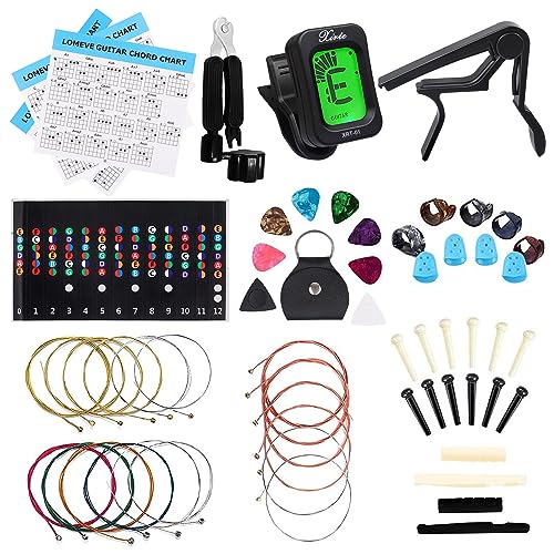 LOMEVE Guitar Accessories Kit Include Acoustic Guitar Strings, Tuner, Capo, 3-in-1 Restring Tool, Pick Holder, Bridge Pins, Nuts & Saddles, Finger Protector, Finger Picks, Fretboard Stickers (59PCS)