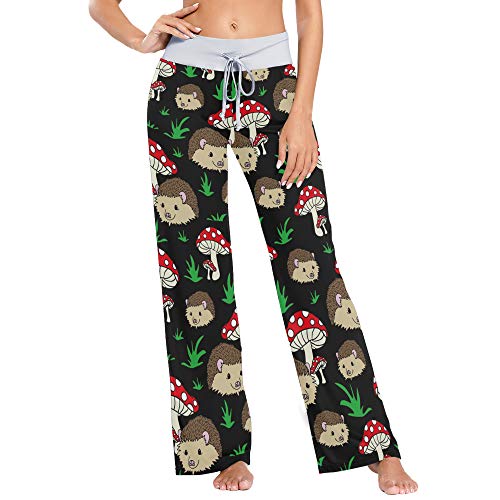 XUWU Hedgehogs and Mushrooms Print Women Pajama Pants Sleepwear Comfy Casual Palazzo Lounge Pants Wide Leg