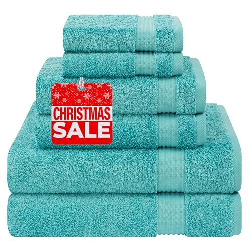 Cotton Paradise 6 Piece Towel Set, 100% Turkish Cotton Soft Absorbent Towels for Bathroom, 2 Bath Towels 2 Hand Towels 2 Washcloths, Turquoise Towel Set