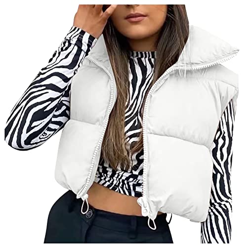Women's Fashion High Neck Zipper Cropped Puffer Vest Jacket Coat,black vest women puffer (White-3，Small)