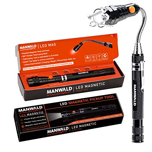 LED Magnetic Pickup Tools, Christmas Gifts for Men, Telescoping Magnetic Flashlights with Extendable Magnet Stick, Stocking Stuffers for Men, Dad, Husband, Craftsman and Mechanic, Black