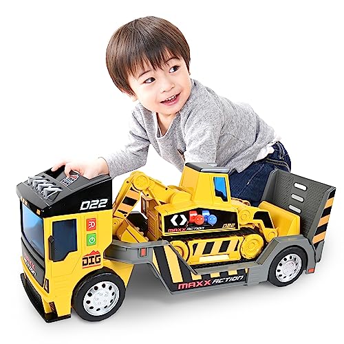 Maxx Action 24’’ 2-N-1 Mega Mover – Large Construction Truck Toy with Lights, Sounds and Motorized Drive | Realistic Dump Truck and Trailer with Dual Joystick Controllers | Yellow Toy Vehicle for Kids